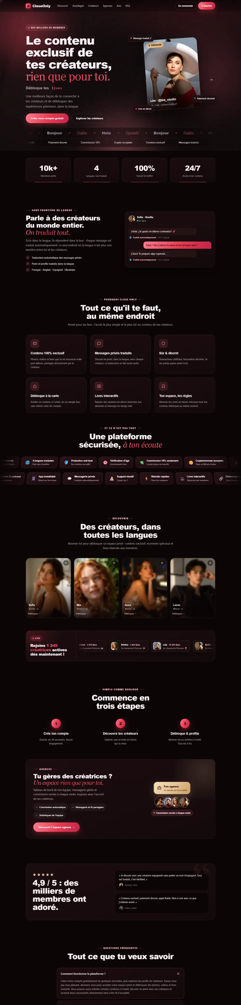La page d'accueil de CloseOnly en entier, sur ordinateur