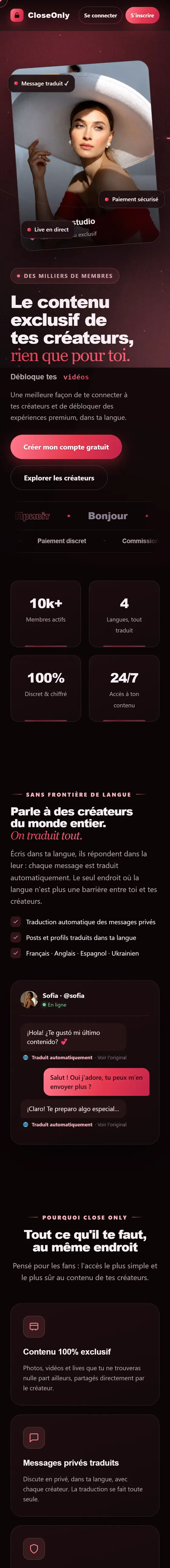 La page d'accueil de CloseOnly sur téléphone