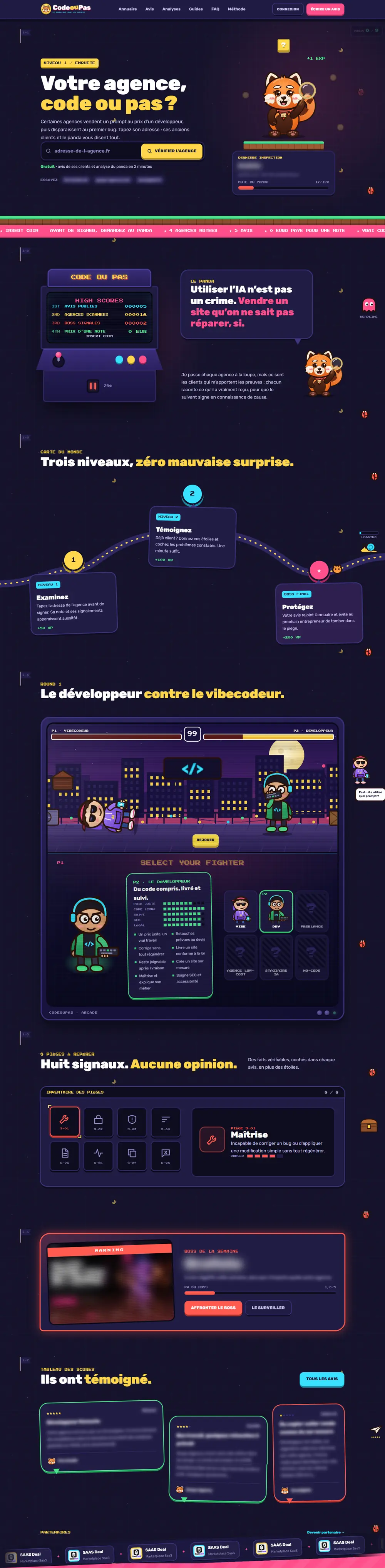 La page d'accueil de CodeOuPas en entier, sur ordinateur