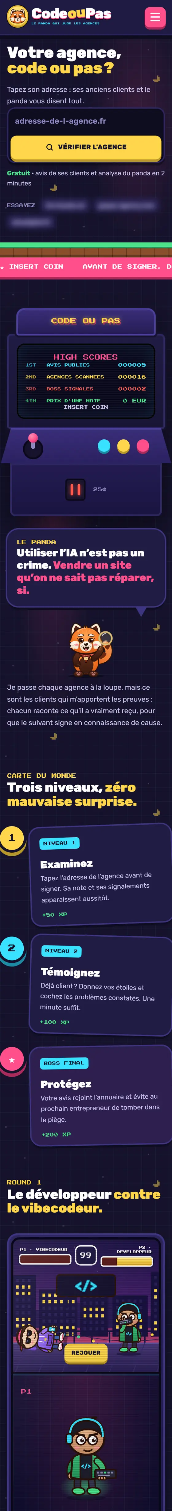 La page d'accueil de CodeOuPas sur téléphone