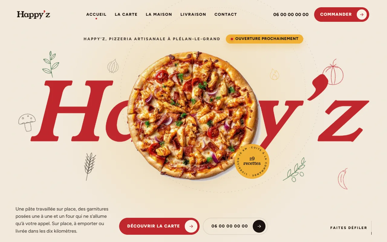 Accueil du site de Happy’z Pizza sur ordinateur