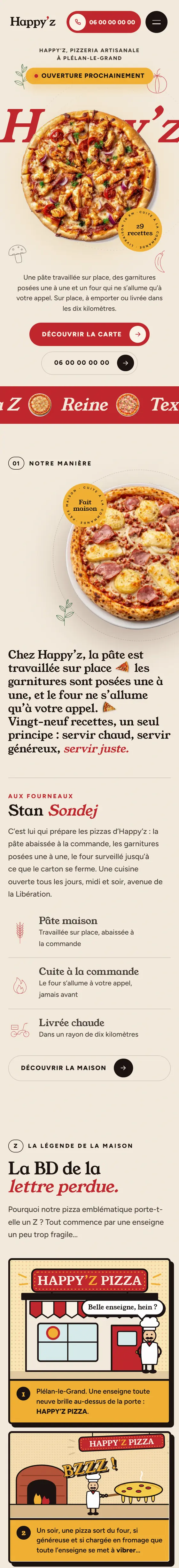 La page d'accueil de Happy’z Pizza sur téléphone