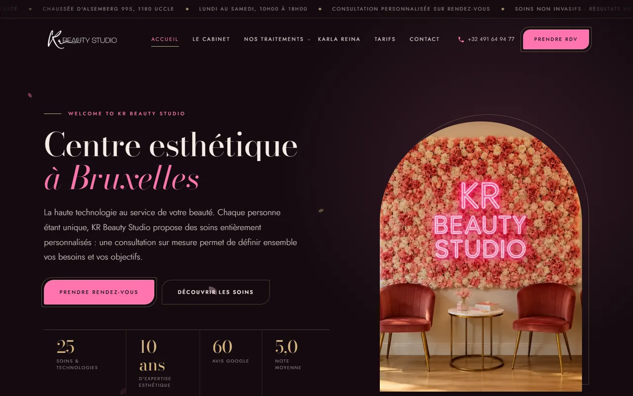 Accueil du site de KR Beauty Studio sur ordinateur